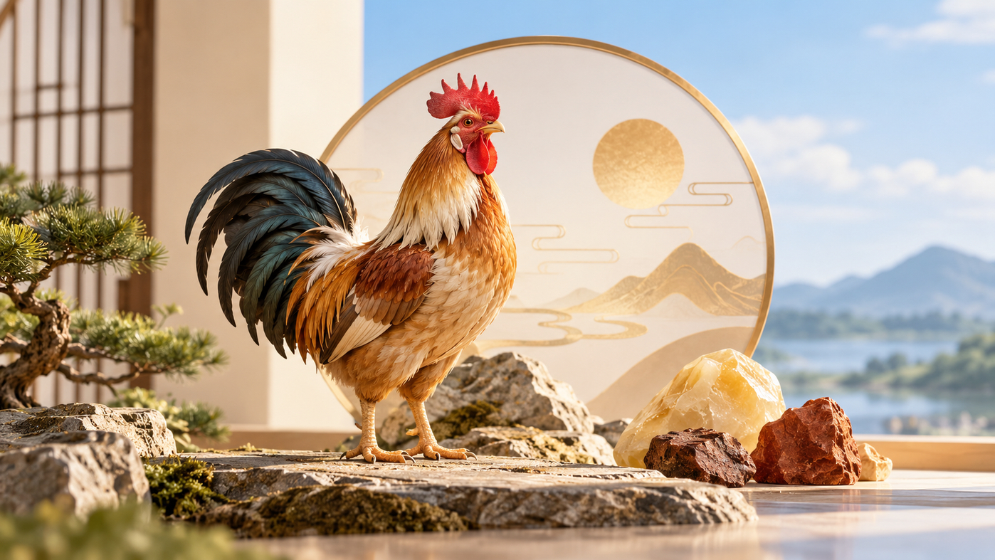 Golden Rooster in a Serene Chinese Garden.png